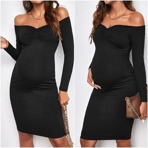 Maternity Black Off Shoulder Fitted Party Evening Dress